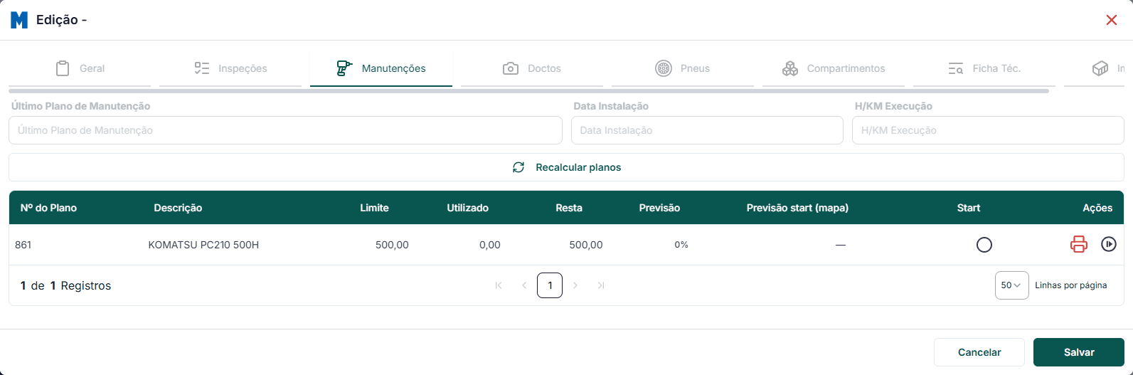 Tela de start automático de manutenções preventivas e corretivas